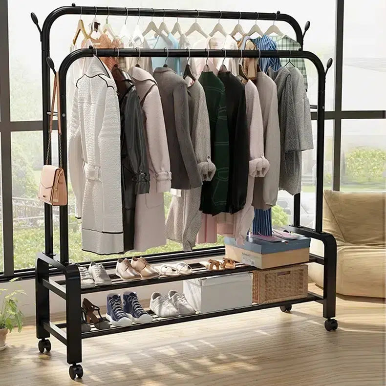 Double Rodding Clothes Rack With Wheels Clothing Rack With Shelves and Hooks Heavy Duty Garment Racks