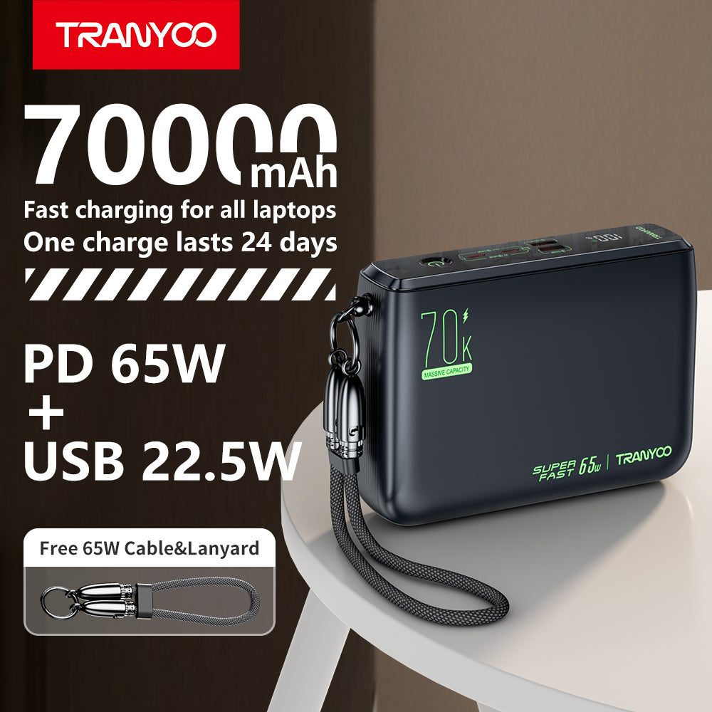Tranyoo L7 70000mAh
65W Powerbank
Original Super Fast
Charging A Laptop Portable data cable
65W