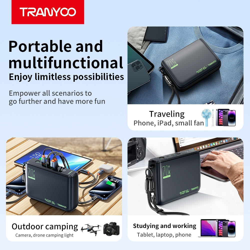 Tranyoo L7 70000mAh
65W Powerbank
Original Super Fast
Charging A Laptop Portable data cable
65W