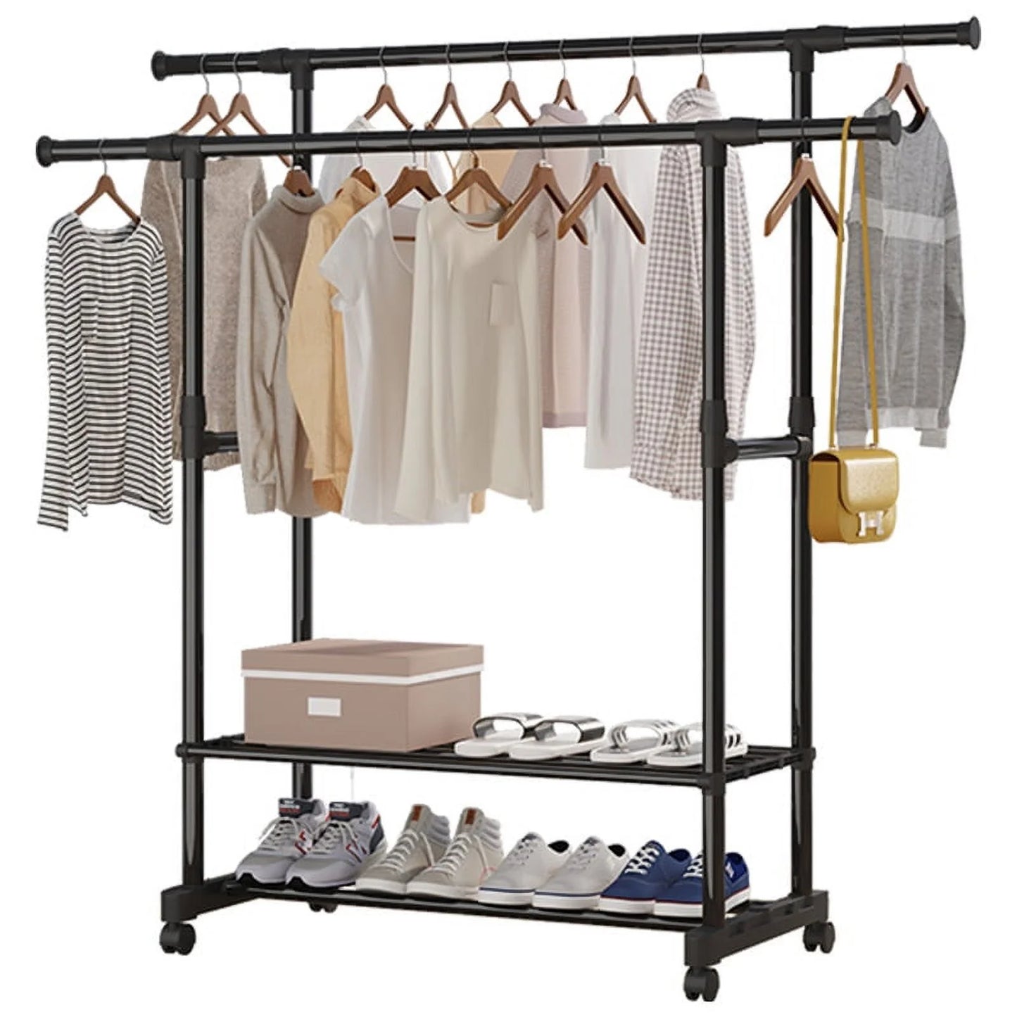 Anself 2 Tiers Clothes Rack, Double Rails Rolling Garment Rack, Clothes Rack or Hanging Rack, Double Rods Clothing Rack with Bottom Shelf