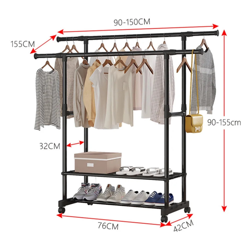 Anself 2 Tiers Clothes Rack, Double Rails Rolling Garment Rack, Clothes Rack or Hanging Rack, Double Rods Clothing Rack with Bottom Shelf