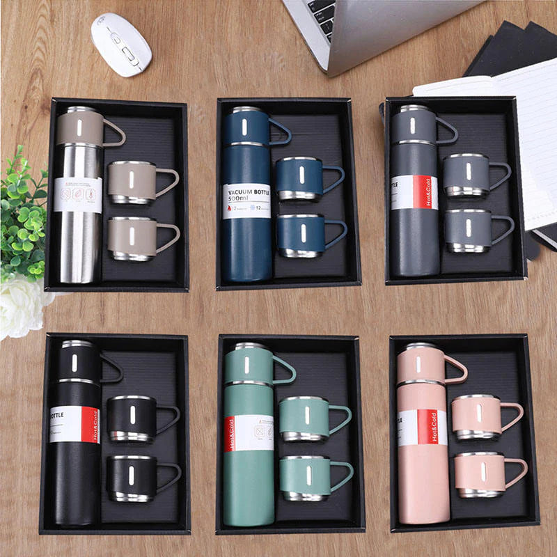 500ml Stainless Steel Vacuum Flask Gift Set with 3 Mugs