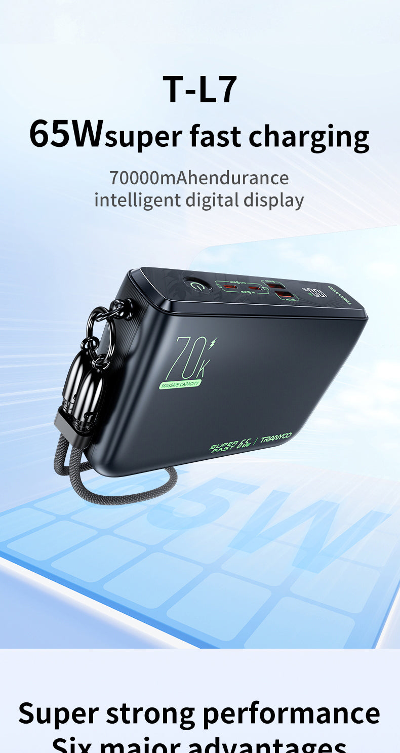 Tranyoo L7 70000mAh
65W Powerbank
Original Super Fast
Charging A Laptop Portable data cable
65W